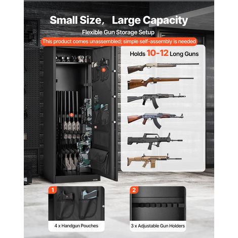Armoire à 10-12 Fusils, Coffre-Fort pour Armes à Feu 2 Façons de Verrouillage par Clavier Numérique et Clés, avec 4 Poches pour Pis… (1/5)