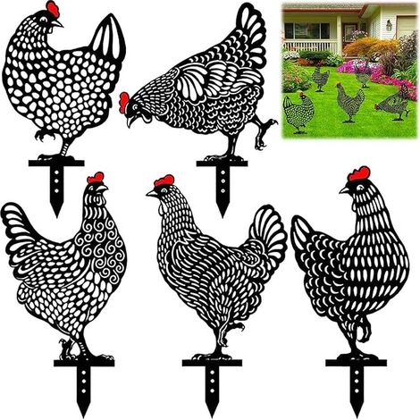 Decorazione da giardino a forma di gallina, 5 pezzi, realistica, decorazione da giardino a forma di gallina, decorazione da giardino a forma di gallina nera con cavità in acrilico, ornamenti da giardi