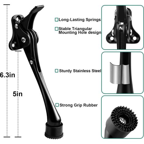 Lot de 2 butées de porte rabattables de 15.2 cm, caoutchouc antidérapant, support de porte en métal robuste, noir pour bas de porte, fixation de porte ouverte, installation facile (1/5)