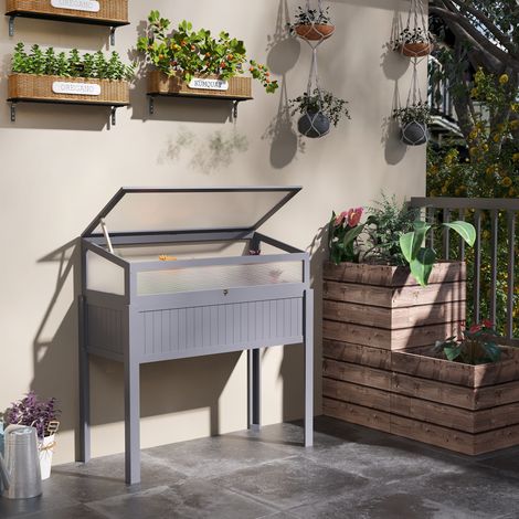 Jardinière surélevée Outsunny en bois avec châssis froid, 2 en 1 : serre, potager, jardin d'herbes aromatiques, bac à plantes pour jardin, balcon et terrasse, en polycarbonate gris, 120 x 54 x 112/122 (1/5)