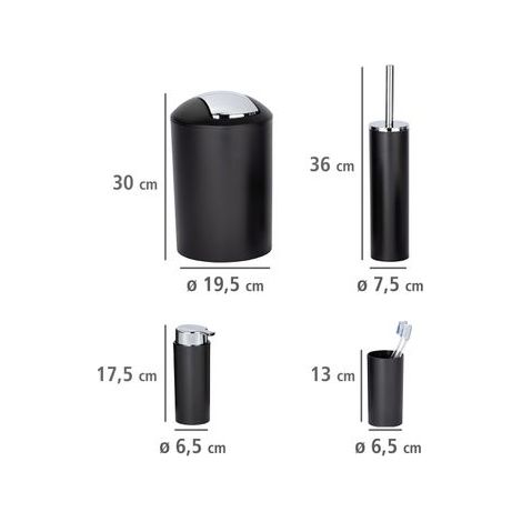 Lot de 4 accessoires pour la salle de bain Calvo WENKO, distributeur de savon liquide, gobelet à brosse à dent, brosse WC, poubelle salle de bain 6,5L, chromé, Plastique, Noir (1/5)