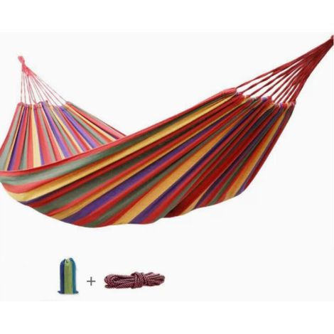 Hamac de jardin extérieur 260 x 150 cm – Coton et polyester – Capacité 300 kg – Sangles respectueuses des arbres – Sac de transport inclus