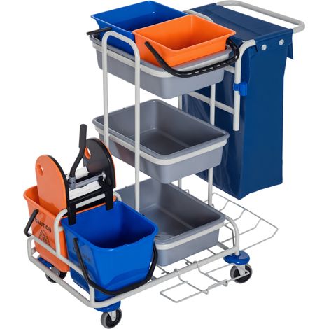 Chariot de Nettoyage Professionnel 4 Seaux avec Roulettes et Sac en Toile 118x73x103cm