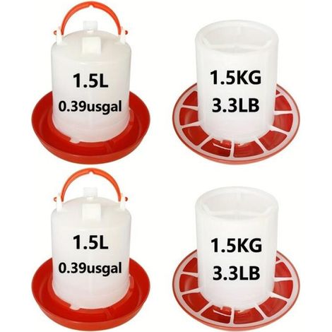 4pièces, Ensemble mangeoire et abreuvoir pour poules, Distributeur de céréales de 1.5 kg, Seau d'eau de 1.5 L (1/4)