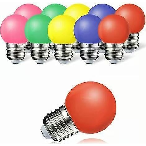 Lot de 10 ampoules LED E27 couleur 1W, 300 lm, économie d'énergie, diffusion à 360°, rouge, jaune, bleu, vert et rose (1/4)