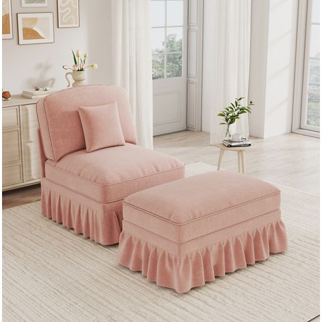 Sillón lounge de chenilla con otomana y faldón extraíble, rosa HAVRYA (1/5)