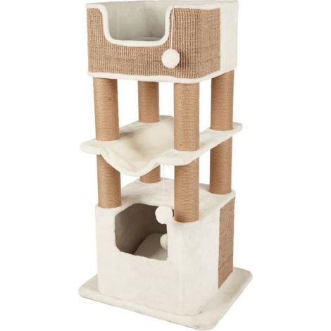 Arbre à chat Lucano 110 cm – Couleur blanc/taupe – En jute et peluche – 2 coussins réversibles – Hamac inclus – Trixie (1/10)