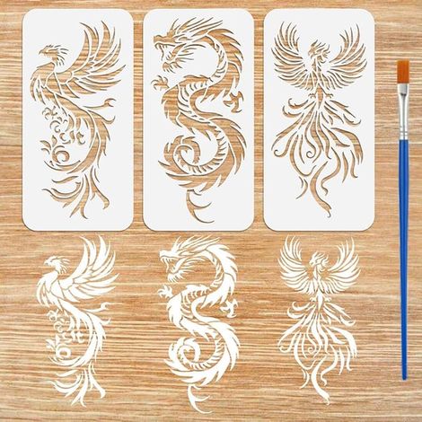 Dragon Phoenix Painting Stencils Brush 15 x 30 cm Reusable Phoenix Wings Hollow Dragon Stencil Plastic Oriental Animal Theme DIY (1/4)