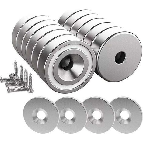 12 pièces Aimants en néodyme 10 KG force 20 x 7 mm avec trou et capsule, aimant en pot fraisé avec vis et 12 coussins en acier (Argent Brillant) (1/4)
