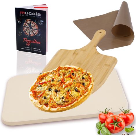 Pizzastein SET 4tlg. Backstein Steinofen Schaufel Rezeptbuch 30x38cm Cordierit Backpapier Backofen Gasgrill Beige Knusprig Küchen Italienische Art Brotbackstein