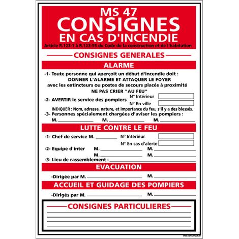 Panneau CONSIGNES EN CAS D'INCENDIE (A0572) - Adhésif - 300 x 420 mm