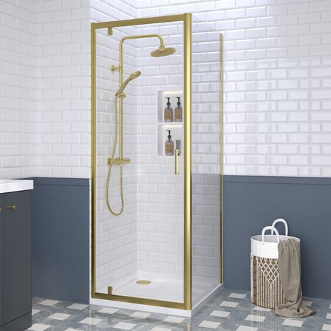 Nuie Rene Pivot Shower Door 760mm Wide with Brushed Brass Profile - 6mm Glass (1/5)