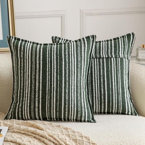 Lot de 2 Housses de coussin, texture bouclée rayée, fermeture éclair invisible, tissu durable, pour canapé salon chambre, vert olive 50x50 cm