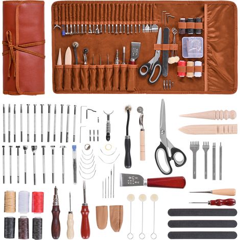 VEVOR Kit di Utensili per Lavorazione della Pelle, 72 Pezzi, Utensili per lArtigianato della Pelle con Borsa Portaoggetti Portatile, per Incisione, Punzonatura, Cucito, Timbratura e Levigatura