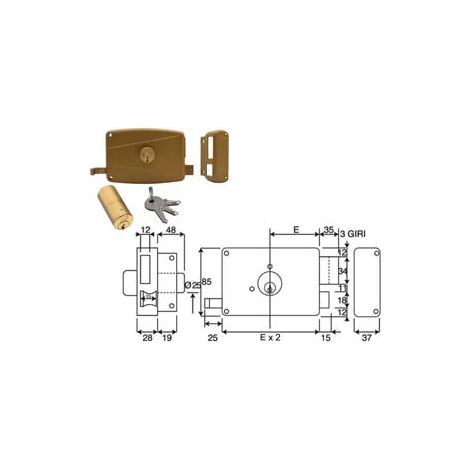 Serratura da Portoncino Applicare Doppio Cil. Fisso Scrocco+caten 3M 60 mm
