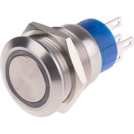 Bouton-poussoir, Momentané lumineux, LED Jaune, Unipolaire à deux directions (1RT), 5 A, Argent, Montage panneau 12V ( Prix pour 1 ) (1/2)