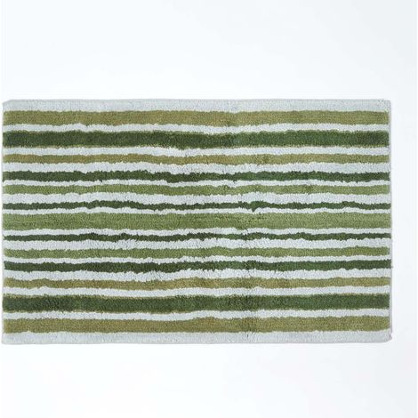 HOMESCAPES Rutschfeste Badematte mit Streifenmuster 100% Baumwolle, grün und grau