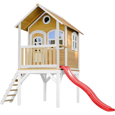 Axi Laura Maison Enfant Avec Toboggan Rouge Aire De Jeux Pour L'Extérieur En Marron & Blanche Maisonnette / Cabane De Jeu En Bois Fsc