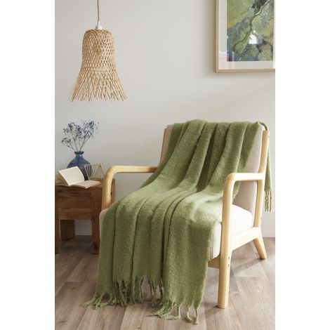 Plaid 130 x 170 cm Polyester tricot uni effet Mohair "Melia" Le fil d'Ariane - Melia Olive - (1/4)