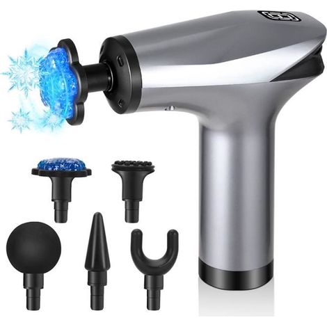 Pistolet de Massage Musculaire avec 5 Têtes de Massage Ecran LCD 8 Niveaux Réglables pour Récupération de Fatigue,Gris (1/3)