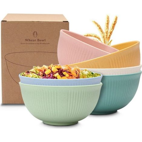 Juego de 6 cuencos ligeros de paja de trigo, sin BPA, aptos para microondas y lavavajillas, para cereales, sopas y ensaladas. (1/5)