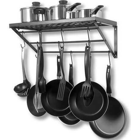 Soporte de metal negro para utensilios de cocina, para montaje en pared, con 10 ganchos. Organizador de cocina para guardar ollas y sartenes. (1/5)