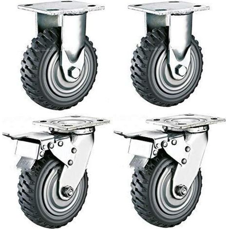Lot de 4 roulettes pivotantes pour charges lourdes - 150 mm - Avec frein rotatif à 360 ° - En caoutchouc plein - Pneumatiques - Charge 900 kg - (2 roulettes fixes + 2 roulettes de freinage) (1/5)