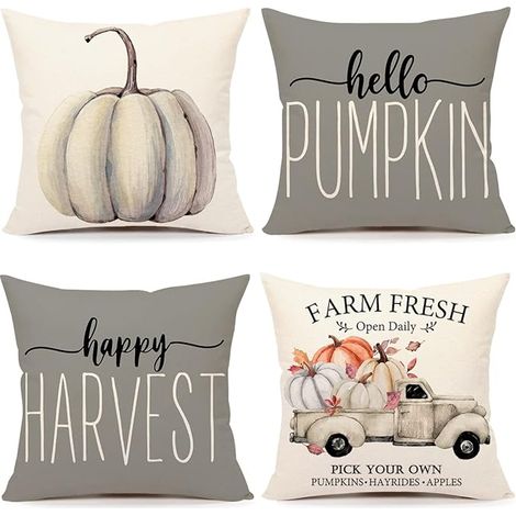 Housses de coussin décoratives d'automne 45x45 cm, lot de 4, motif citrouille grise, style ferme, camion de ferme, pour l'automne et Thanksgiving, coussins décoratifs pour la maison S22F22 (1/5)