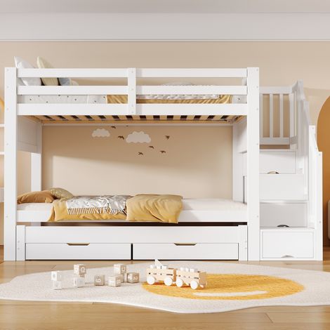 Litera 90 x 200 cm con cama nido, escalera con almacenaje, cajones y armario blanca (1/5)