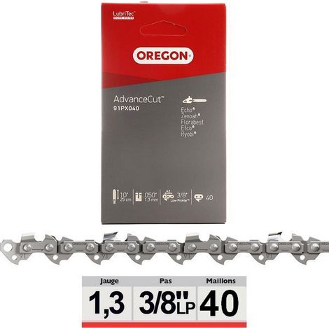 Oregon – Chaîne de tronçonneuse 91PX040E – Pas 3/8'LP – Jauge 1.3mm – 40 maillons – Pour bois dur et teck – Technologie AdvanceCut™