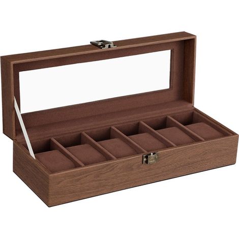 Boîte à montres avec 6 emplacements coffret pour montres support de rangement bijoux en verre avec coussins 30 cm marron effet bois (1/3)