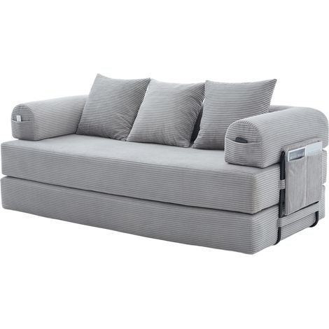 Sofá modular plegable de pana gris claro con estructura metálica, 3 cojines y bolsillo lateral (1/5)