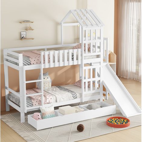 Lit superposé enfant style maisonnette bois et MDF blanc 90x200 cm avec toboggan, échelle 3 marches et grand tiroir