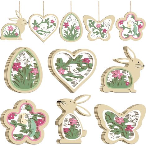 Lot 24 Décorations Pâques Bois à Suspendre Lapin Pâques Œufs Papillons Décoration Printemps DIY Arbre de Pâques-Vert (1/5)