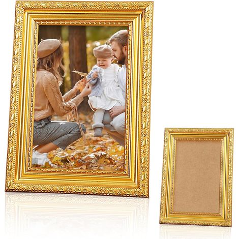 Cadre photo A4 doré, 33,5 x 24,5 cm, style vintage (A4). Cadre décoratif en plastique avec vitre, grand format, idéal pour le salon, la maison ou le bureau. Fixation murale possible. (1/5)