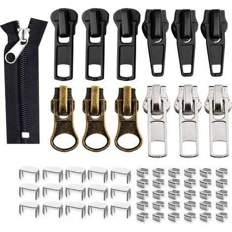Kit de réparation de fermetures éclair 59 pièces : curseurs et butées de rechange pour vêtements, sacs et bagages, accessoires de mercerie pour la réparation quotidienne des fermetures éclair. (1/5)