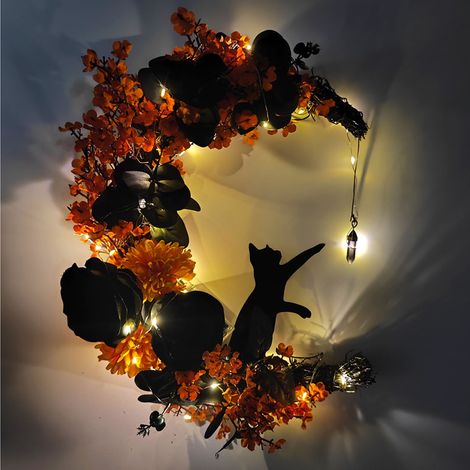 Guirlande Halloween - Guirlande Luminée Chat Lune - Pour Porte D'Entrée Extérieure Ou Intérieure - 35 X 25 Cm - 1 Pièce (1/5)