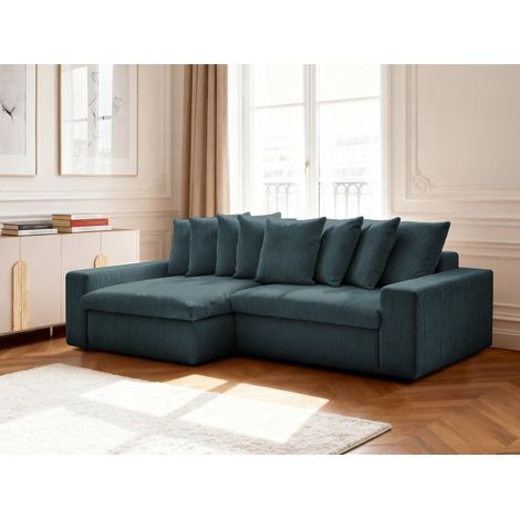 BOBOCHIC - Canapé d'angle fixe ENORE velours côtelé Angle gauche  Bleu foncé