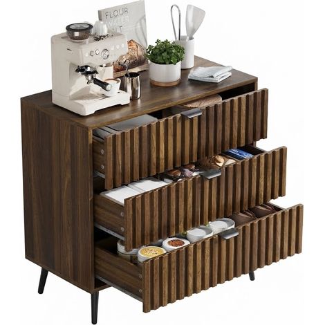ELVMI Cómoda con 3 Cajones y Tiradores Metálicos, Mueble de Almacenamiento para Dormitorio Salón Recibidor, MDF Nogal (1/5)