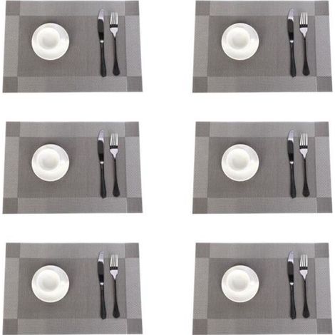 Lot de 6 Sets de Table PVC Napperons Vinyle Tissé Lavables Resistant à la Chaleur Antidérapant Restaurant Salle Manger Gris Argenté (1/4)