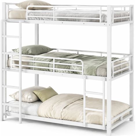 Letto a castello triplo 90x200 cm in metallo bianco, salvaspazio e minimalista, con scala fissa e ringhiere di sicurezza per bambini, ragazzi e adulti – CHICFURN (1/5)