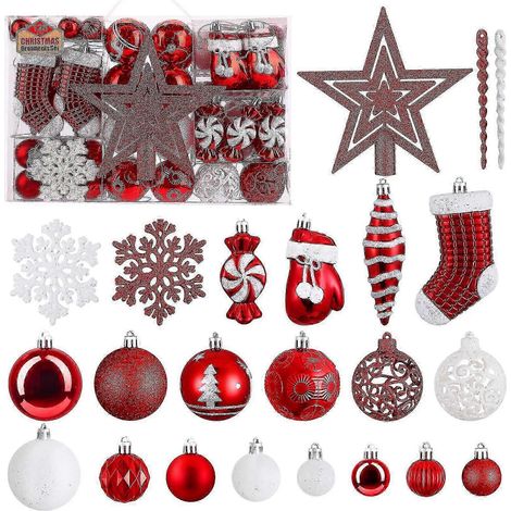 Ensemble de 130 boules de Noël de qualité supérieure en plastique rouge et blanc avec étoile pour le sapin - Décoration de sapin de Noël robuste et sûre avec système de suspension - Couleurs variées (1/3)