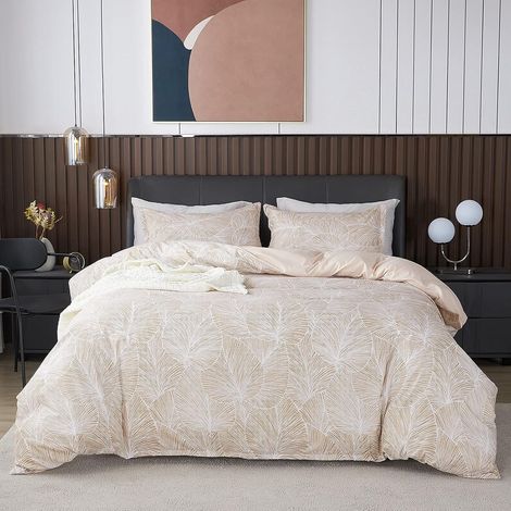 Parure Housse de Couette Feuilles Tropicales, 1 x Housse de Couette 220x240 cm 2 Personnes et 2 x Taies d'oreiller 50x70 cm, Linge de Lit avec Fermeture Eclair Beige (1/5)