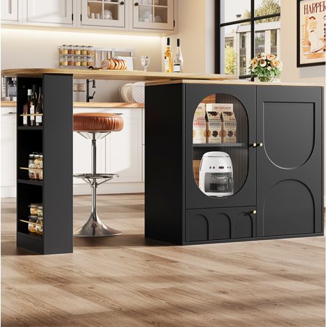 Tavolo bar girevole in MDF e metallo, 204 x 39 x 105 cm, nero, con 3 ante e grande spazio contenitivo (1/5)