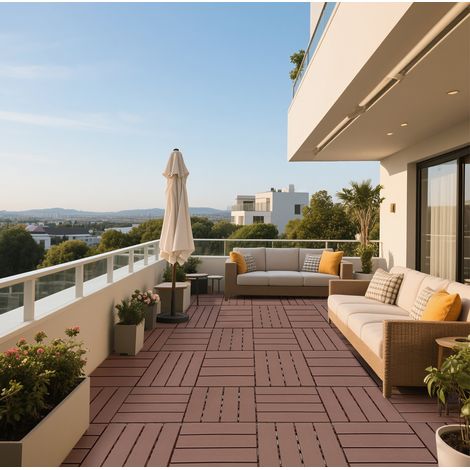 Dalles terrasse clipsables 30,5x30,5x2 cm en PP marron, facile à monter pour balcon FloraGrace (1/5)
