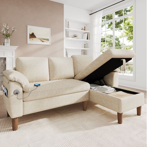 Sofá esquinero 3-4 plazas 181x125x88 cm, chaise longue reversible, USB/Type-C, almacenamiento, chenilla - beige (1/5)