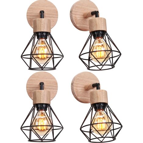 Appliques Murales Industrielles Vintage Lampe Murale Bois Métal Luminaire Interieur Ø15CM E27 Noir - 4Pcs