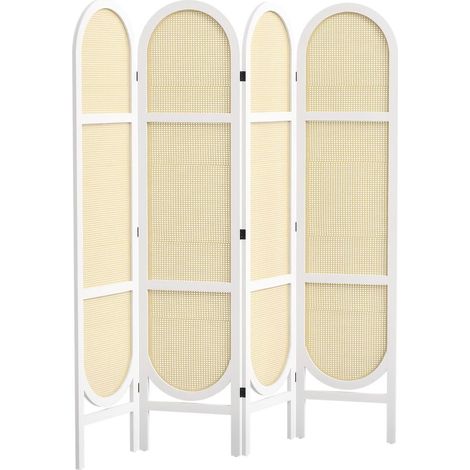 Pour salon et chambre Séparateur de pièce paravent pliable 4 panneaux 170 x 160 cm en rotin PP tissé cadre bois blanc (1/5)