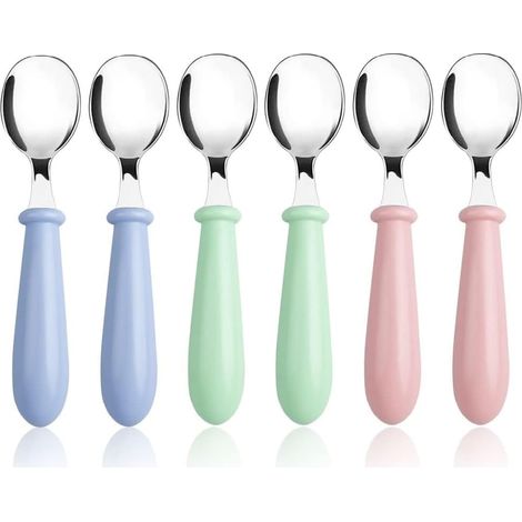 6PCS Cuillere Bebe, Witbicg Fourchette Bebe, Cuillère Bebe Nourrir Le Bébé, Augmenter l'Appétit, l'Enthousiasme Et Le Plaisir De Manger Ménagère En Métal Avec Poignées Rondes Lave-Vaisselle (C) (1/5)