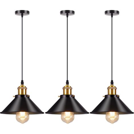 Suspension Industrielle Base E27 Suspension Vintage Suspension en Métal Luminaires Maison Éclairage de Cuisine (3 pièces noir) (1/5)